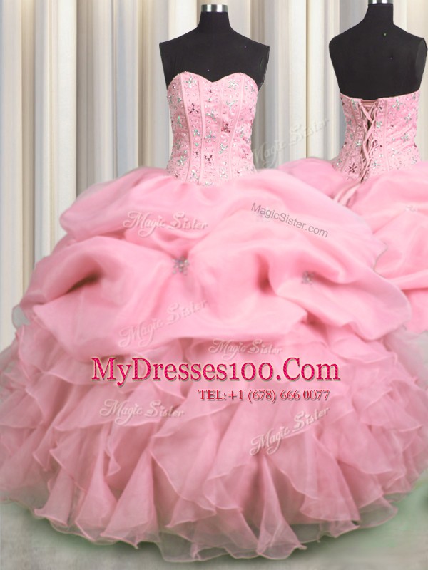 Visible Boning Sleeveless Lace Up Floor Length Beading and Ruffles and Pick Ups Quinceanera Gowns