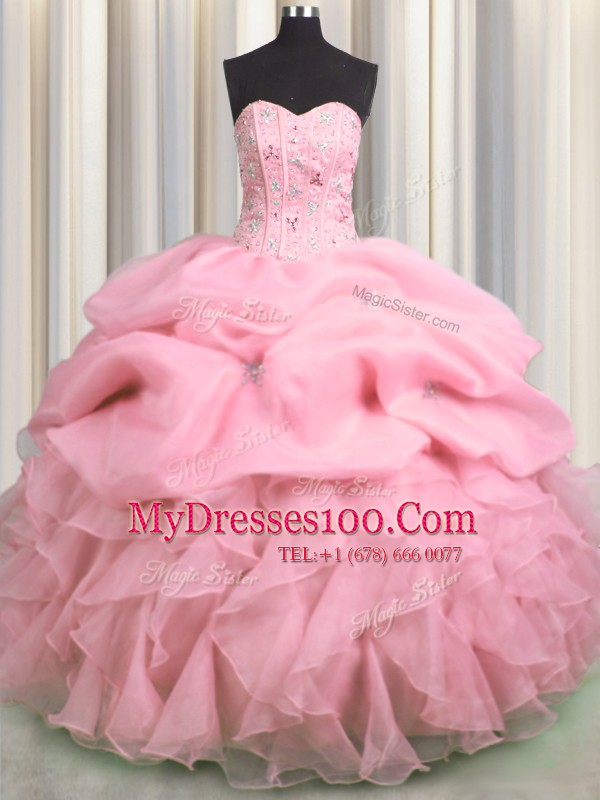 Visible Boning Sleeveless Lace Up Floor Length Beading and Ruffles and Pick Ups Quinceanera Gowns