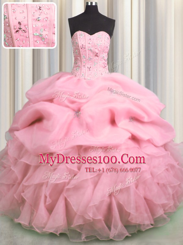 Visible Boning Sleeveless Lace Up Floor Length Beading and Ruffles and Pick Ups Quinceanera Gowns