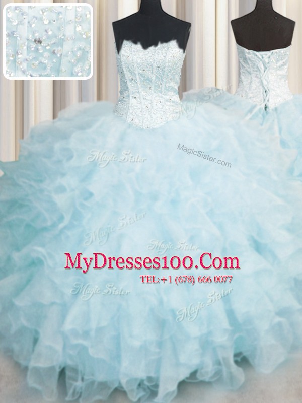 Exceptional Baby Blue Ball Gowns Organza Scalloped Sleeveless Ruffles Floor Length Lace Up Vestidos de Quinceanera