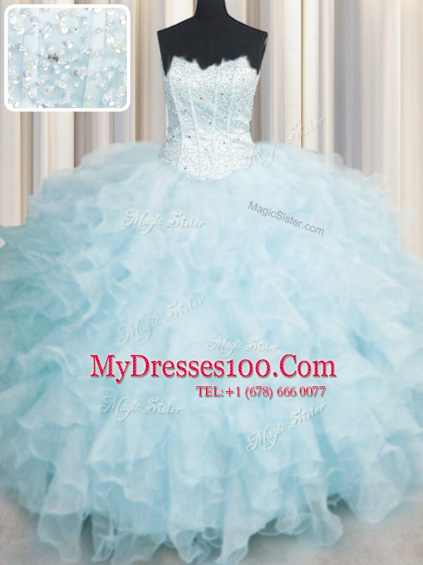 Exceptional Baby Blue Ball Gowns Organza Scalloped Sleeveless Ruffles Floor Length Lace Up Vestidos de Quinceanera