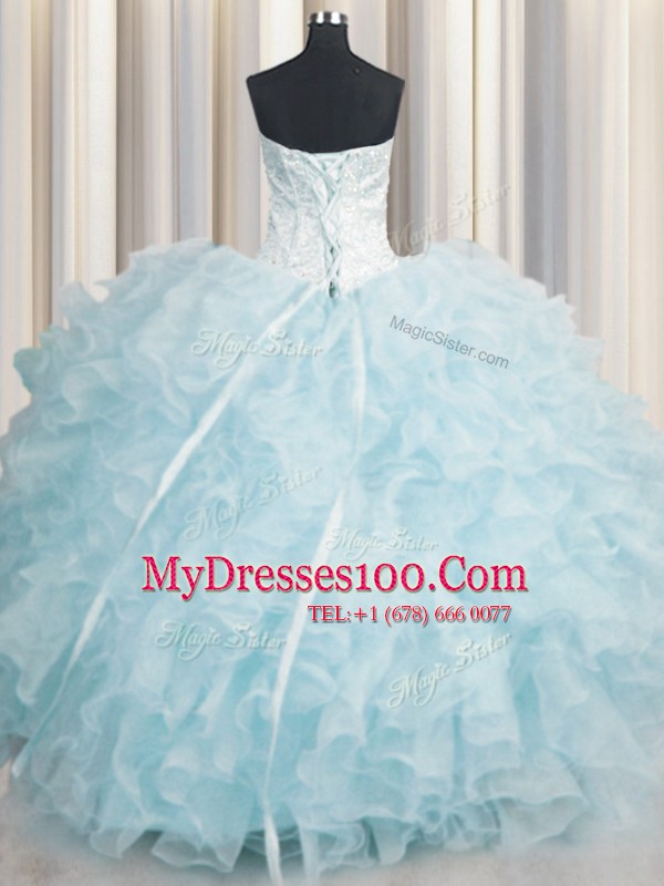Exceptional Baby Blue Ball Gowns Organza Scalloped Sleeveless Ruffles Floor Length Lace Up Vestidos de Quinceanera