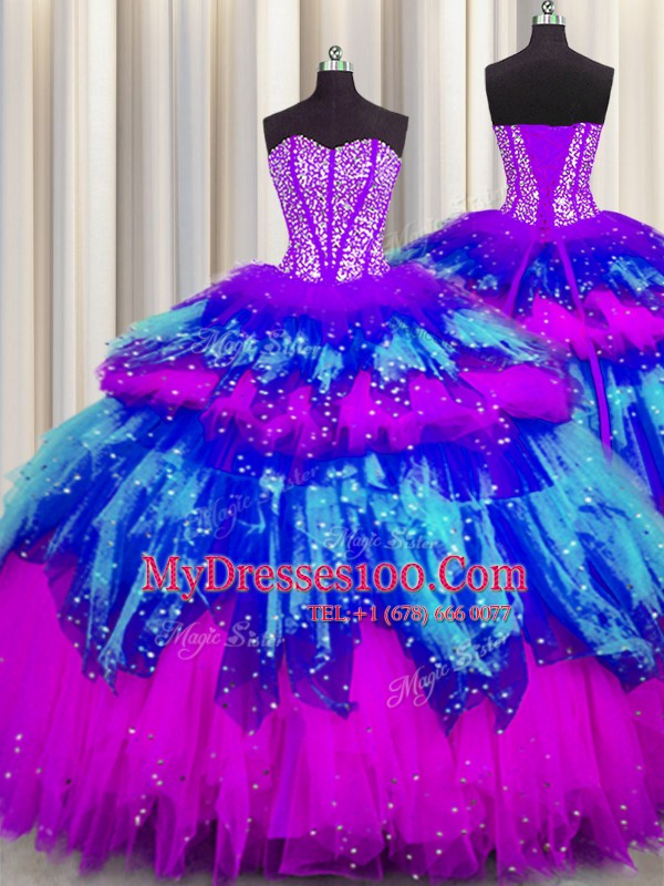 Artistic Bling-bling Visible Boning Sleeveless Floor Length Beading and Ruffles and Ruffled Layers and Sequins Lace Up Quinceanera Dresses with Multi-color