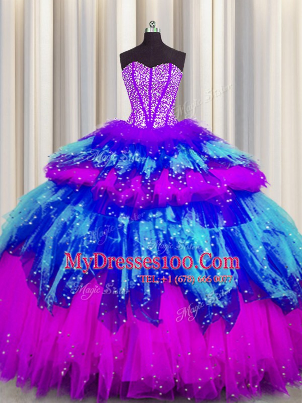 Artistic Bling-bling Visible Boning Sleeveless Floor Length Beading and Ruffles and Ruffled Layers and Sequins Lace Up Quinceanera Dresses with Multi-color