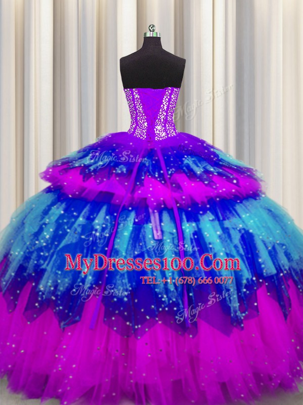 Artistic Bling-bling Visible Boning Sleeveless Floor Length Beading and Ruffles and Ruffled Layers and Sequins Lace Up Quinceanera Dresses with Multi-color