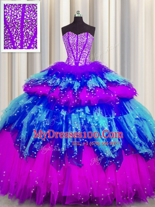 Artistic Bling-bling Visible Boning Sleeveless Floor Length Beading and Ruffles and Ruffled Layers and Sequins Lace Up Quinceanera Dresses with Multi-color
