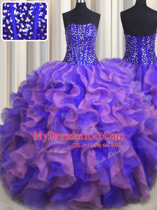 Visible Boning Bling-bling Sleeveless Lace Up Floor Length Beading and Ruffles Sweet 16 Dresses