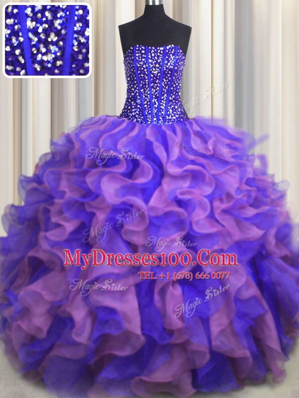 Visible Boning Bling-bling Sleeveless Lace Up Floor Length Beading and Ruffles Sweet 16 Dresses