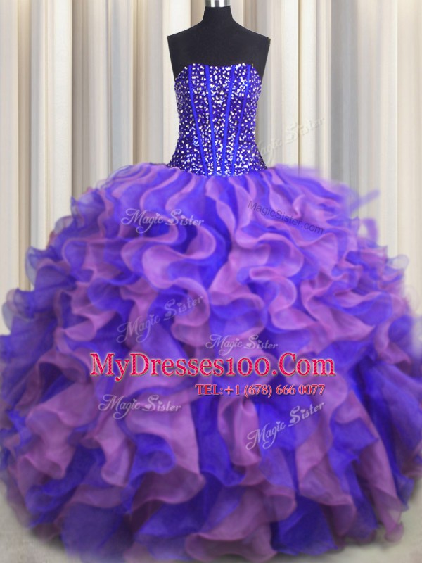 Visible Boning Bling-bling Sleeveless Lace Up Floor Length Beading and Ruffles Sweet 16 Dresses