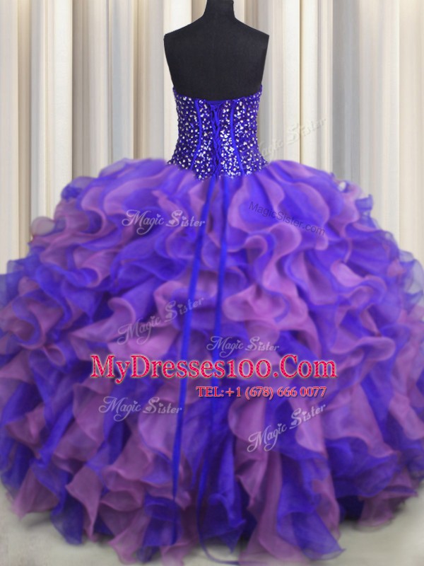 Visible Boning Bling-bling Sleeveless Lace Up Floor Length Beading and Ruffles Sweet 16 Dresses