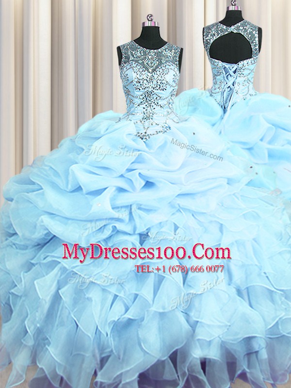 Scoop See Through Light Blue Sleeveless Organza Lace Up Quinceanera Gowns for Military Ball and Sweet 16 and Quinceanera