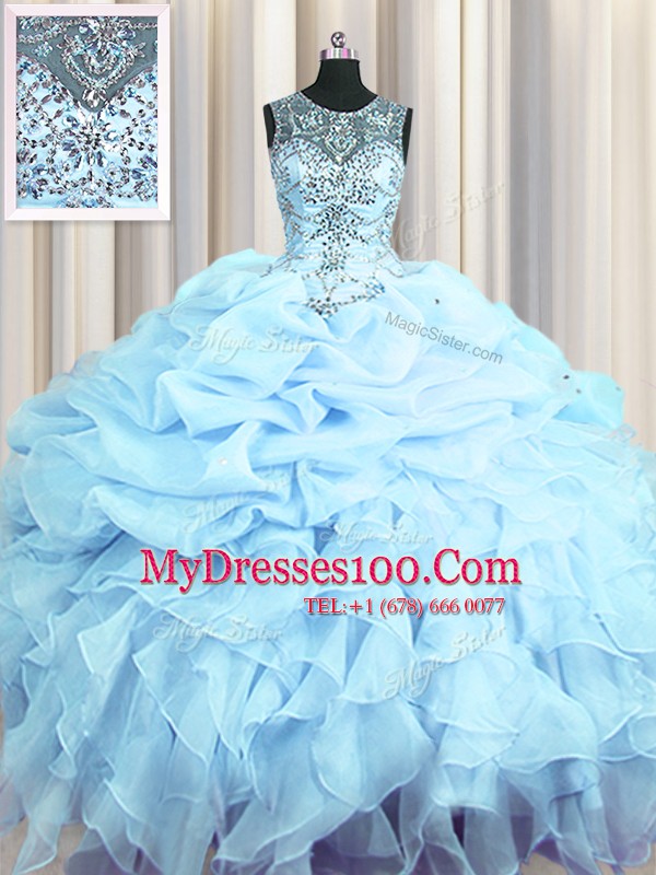 Scoop See Through Light Blue Sleeveless Organza Lace Up Quinceanera Gowns for Military Ball and Sweet 16 and Quinceanera