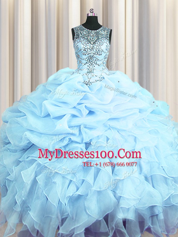 Scoop See Through Light Blue Sleeveless Organza Lace Up Quinceanera Gowns for Military Ball and Sweet 16 and Quinceanera