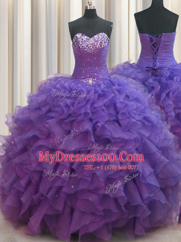 Beaded Bust Organza Sleeveless Floor Length Quinceanera Gowns and Beading and Ruffles