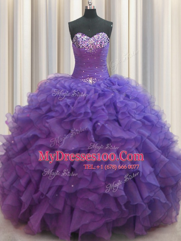 Beaded Bust Organza Sleeveless Floor Length Quinceanera Gowns and Beading and Ruffles