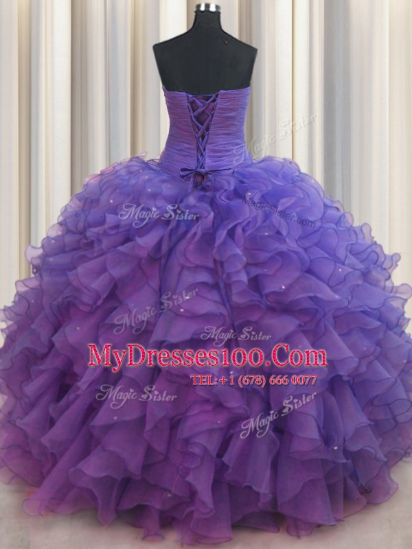 Beaded Bust Organza Sleeveless Floor Length Quinceanera Gowns and Beading and Ruffles
