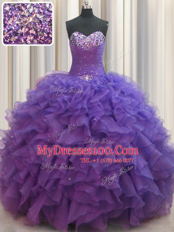 Beaded Bust Organza Sleeveless Floor Length Quinceanera Gowns and Beading and Ruffles