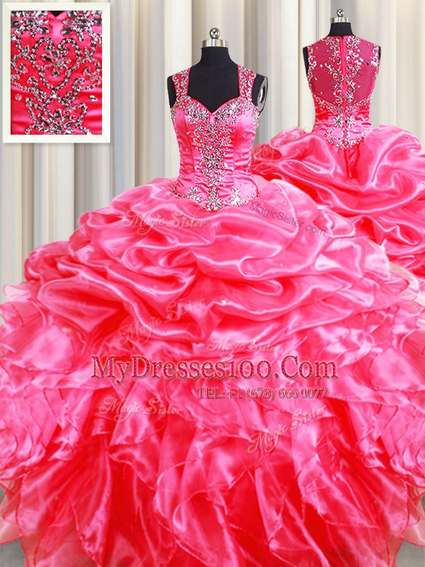 Smart Zipper Up See Through Back Hot Pink Sleeveless Beading and Ruffles and Pick Ups Floor Length Quince Ball Gowns