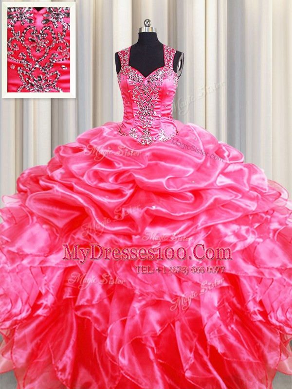 Smart Zipper Up See Through Back Hot Pink Sleeveless Beading and Ruffles and Pick Ups Floor Length Quince Ball Gowns