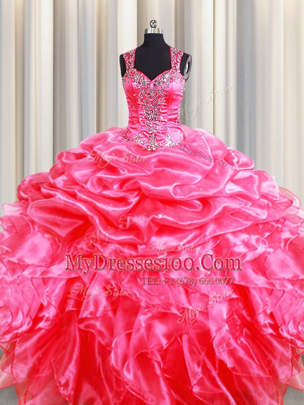 Smart Zipper Up See Through Back Hot Pink Sleeveless Beading and Ruffles and Pick Ups Floor Length Quince Ball Gowns