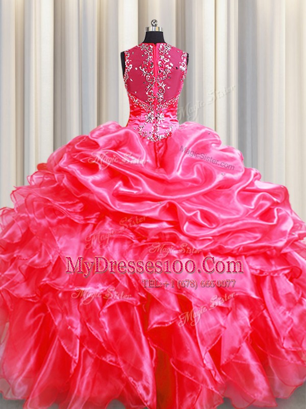 Smart Zipper Up See Through Back Hot Pink Sleeveless Beading and Ruffles and Pick Ups Floor Length Quince Ball Gowns