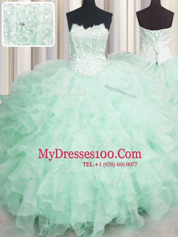Fancy Scalloped Visible Boning Beading and Ruffles Sweet 16 Dresses Apple Green Lace Up Sleeveless Floor Length