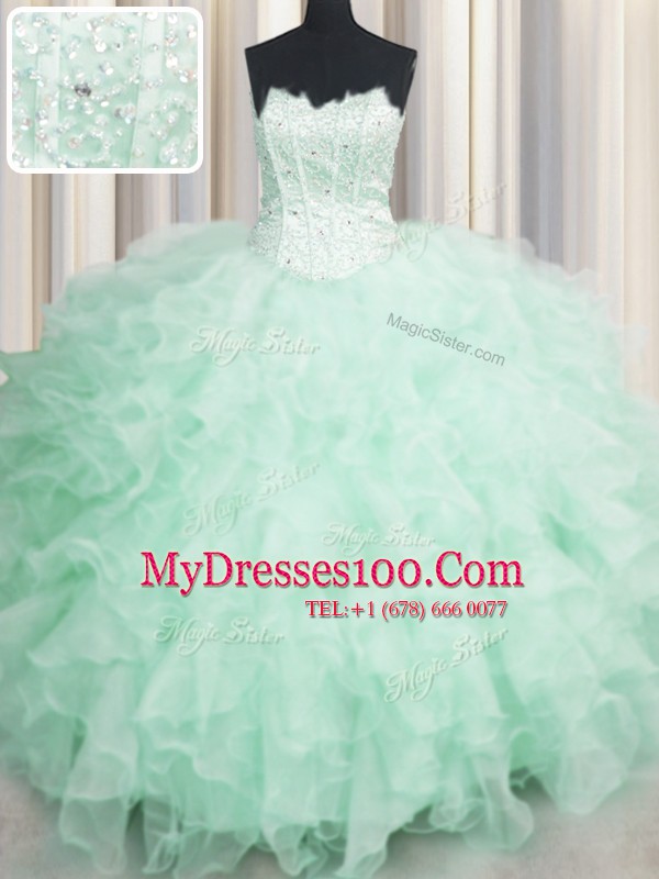 Fancy Scalloped Visible Boning Beading and Ruffles Sweet 16 Dresses Apple Green Lace Up Sleeveless Floor Length