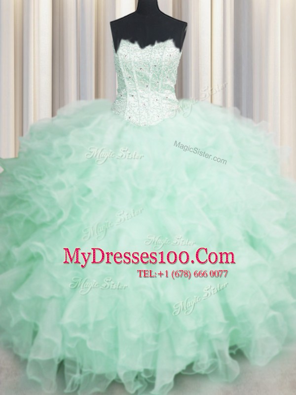 Fancy Scalloped Visible Boning Beading and Ruffles Sweet 16 Dresses Apple Green Lace Up Sleeveless Floor Length