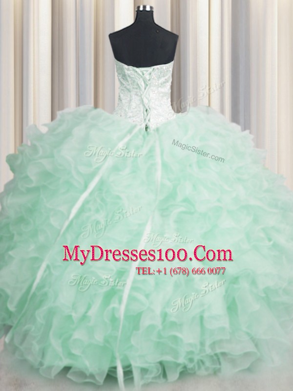 Fancy Scalloped Visible Boning Beading and Ruffles Sweet 16 Dresses Apple Green Lace Up Sleeveless Floor Length