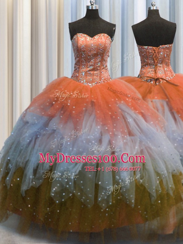 Top Selling Visible Boning Sweetheart Sleeveless Tulle Vestidos de Quinceanera Beading and Ruffles and Sequins Lace Up