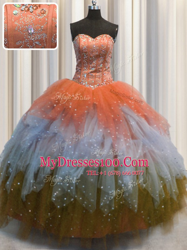 Top Selling Visible Boning Sweetheart Sleeveless Tulle Vestidos de Quinceanera Beading and Ruffles and Sequins Lace Up