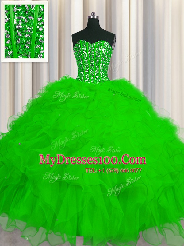 Visible Boning Beading and Ruffles and Sequins 15th Birthday Dress Lace Up Sleeveless Floor Length