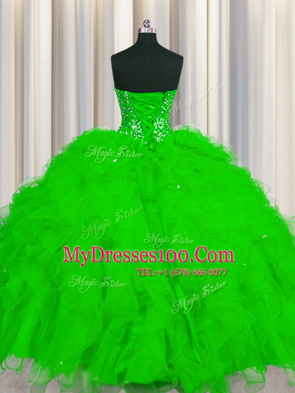 Visible Boning Beading and Ruffles and Sequins 15th Birthday Dress Lace Up Sleeveless Floor Length
