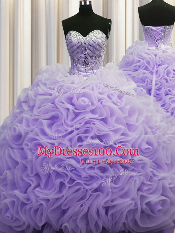 Sleeveless Fabric With Rolling Flowers Brush Train Lace Up Vestidos de Quinceanera in Lavender with Beading and Pick Ups