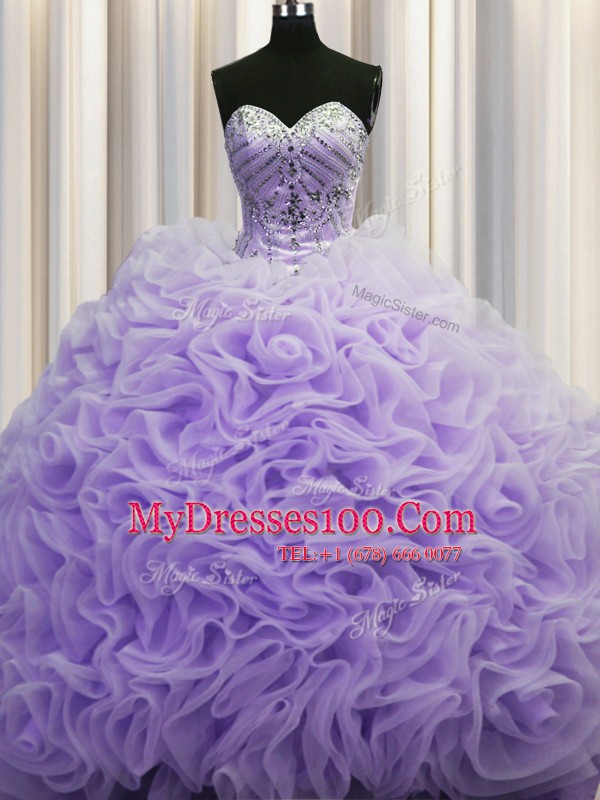 Sleeveless Fabric With Rolling Flowers Brush Train Lace Up Vestidos de Quinceanera in Lavender with Beading and Pick Ups