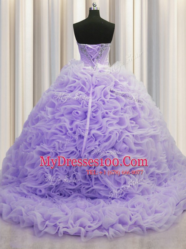 Sleeveless Fabric With Rolling Flowers Brush Train Lace Up Vestidos de Quinceanera in Lavender with Beading and Pick Ups