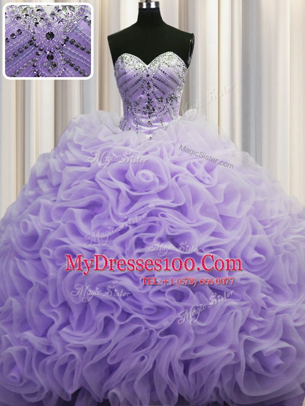 Sleeveless Fabric With Rolling Flowers Brush Train Lace Up Vestidos de Quinceanera in Lavender with Beading and Pick Ups