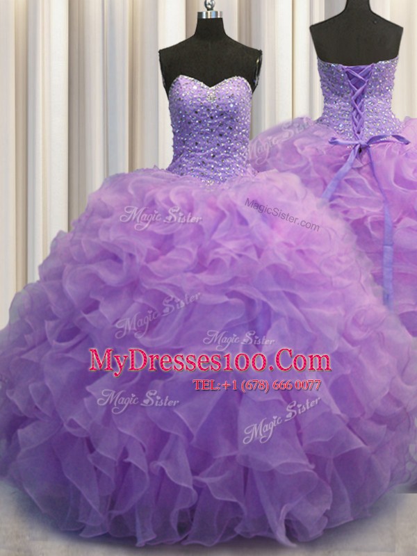 Extravagant Lavender Sweetheart Neckline Beading and Ruffles Quinceanera Dresses Sleeveless Lace Up