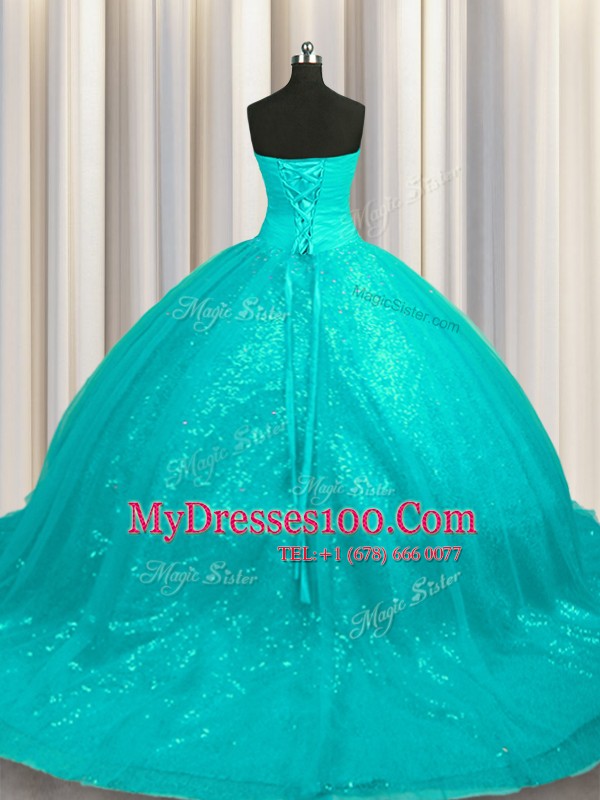 Vintage Organza and Sequined Sleeveless Quinceanera Dress Court Train and Beading and Appliques