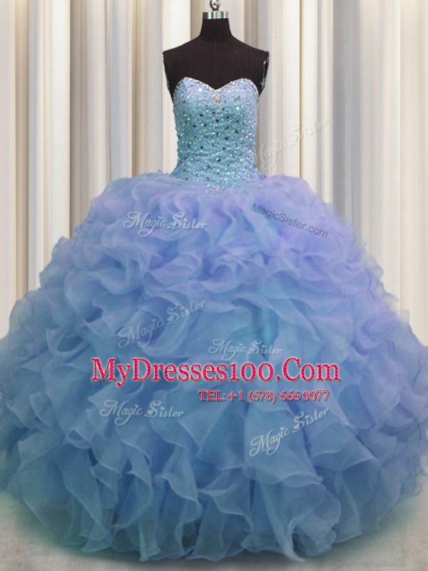 Gorgeous Blue Lace Up Sweetheart Beading and Ruffles 15 Quinceanera Dress Organza Sleeveless