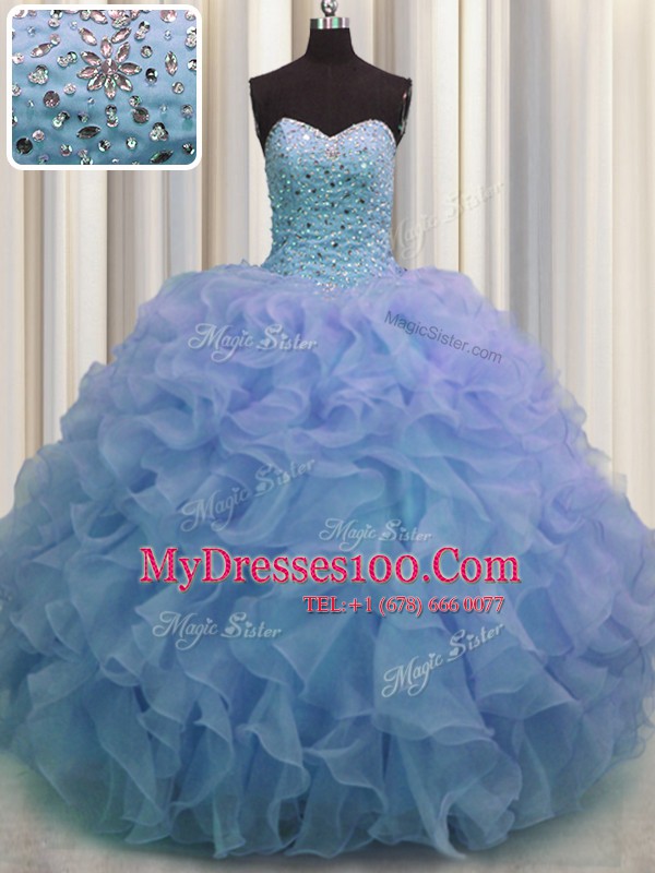 Gorgeous Blue Lace Up Sweetheart Beading and Ruffles 15 Quinceanera Dress Organza Sleeveless