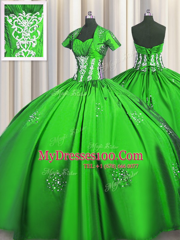 Beading and Appliques and Ruching Quinceanera Dress Lace Up Short Sleeves Floor Length