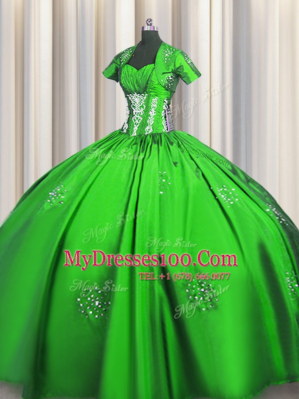 Beading and Appliques and Ruching Quinceanera Dress Lace Up Short Sleeves Floor Length