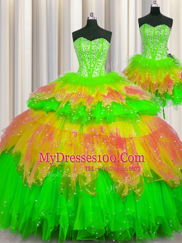 Three Piece Visible Boning Ball Gowns Quinceanera Gowns Multi-color Sweetheart Tulle Sleeveless Floor Length Lace Up