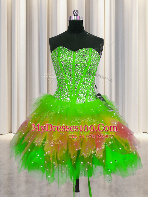 Three Piece Visible Boning Ball Gowns Quinceanera Gowns Multi-color Sweetheart Tulle Sleeveless Floor Length Lace Up