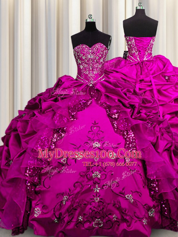 Adorable Sequins Fuchsia Taffeta Lace Up Sweetheart Sleeveless Floor Length Quinceanera Gowns Beading and Embroidery and Ruffles