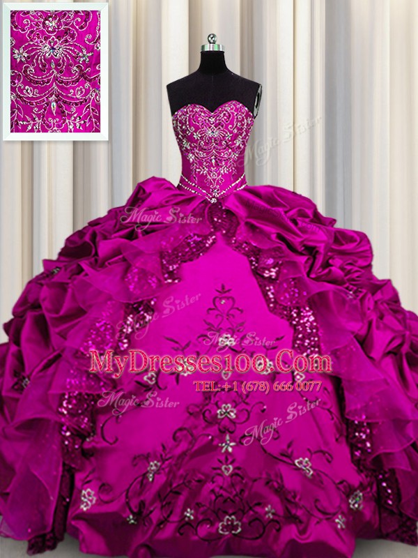 Adorable Sequins Fuchsia Taffeta Lace Up Sweetheart Sleeveless Floor Length Quinceanera Gowns Beading and Embroidery and Ruffles