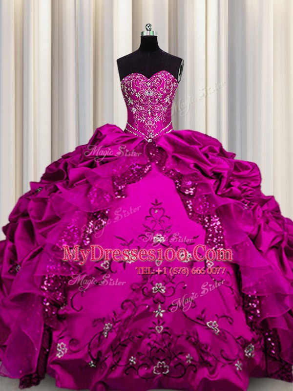 Adorable Sequins Fuchsia Taffeta Lace Up Sweetheart Sleeveless Floor Length Quinceanera Gowns Beading and Embroidery and Ruffles