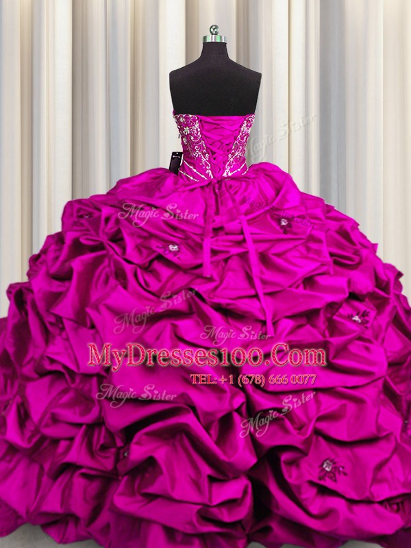 Adorable Sequins Fuchsia Taffeta Lace Up Sweetheart Sleeveless Floor Length Quinceanera Gowns Beading and Embroidery and Ruffles
