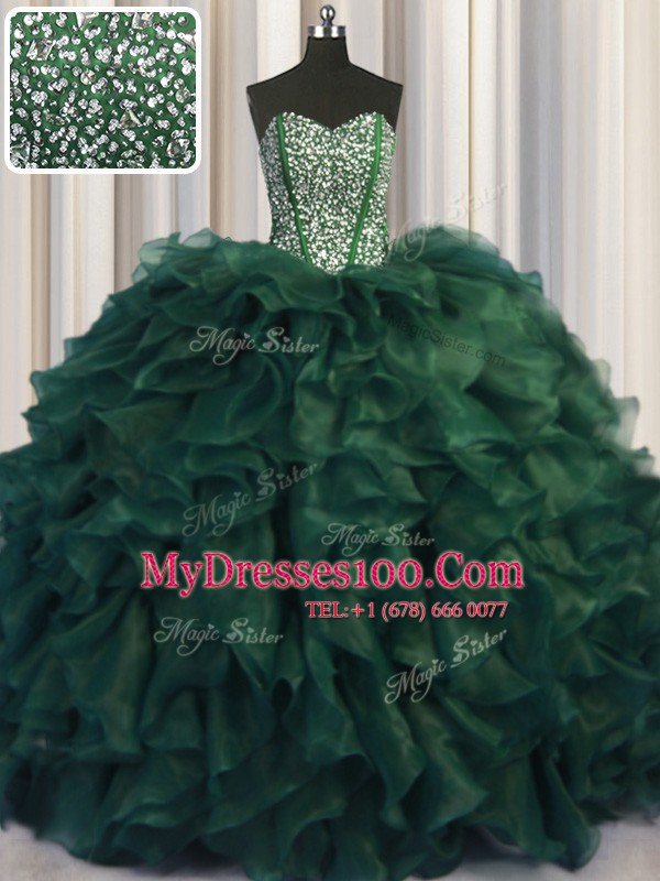 Cheap Bling-bling Dark Green Lace Up Quinceanera Dresses Beading and Ruffles Sleeveless With Brush Train